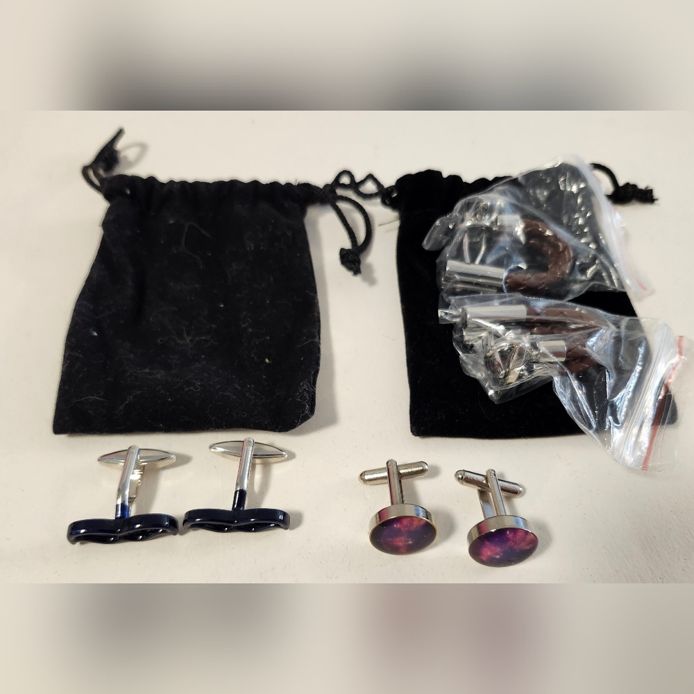 Lot Of 3 Gentlemens Collection Cuff Links Mustache Leather & Gemstone Design